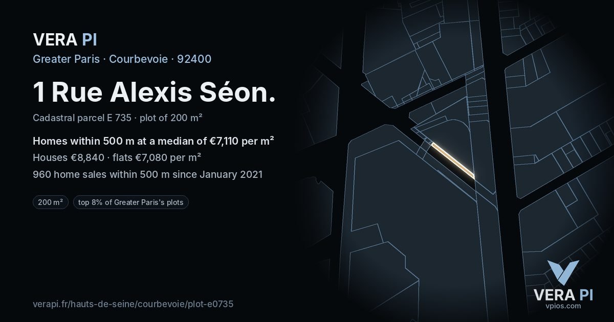 1 Rue Alexis Séon, Courbevoie at night – the plot lit, the parcels around coloured by the prices near them