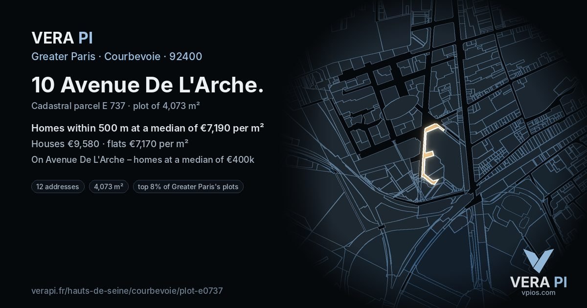10 Avenue De L'Arche, Courbevoie at night – the plot lit, the parcels around coloured by the prices near them