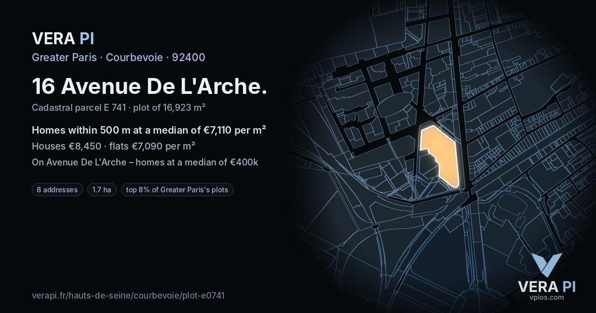 16 Avenue De L'Arche, Courbevoie at night – the plot lit, the parcels around coloured by the prices near them