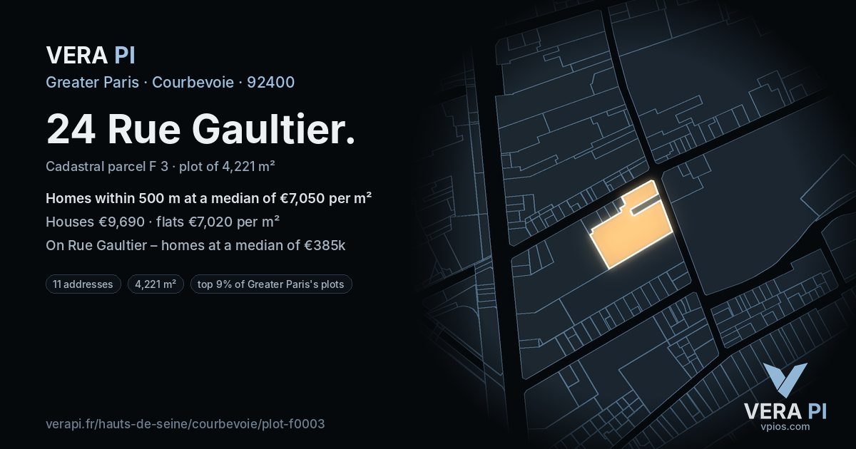 24 Rue Gaultier, Courbevoie at night – the plot lit, the parcels around coloured by the prices near them
