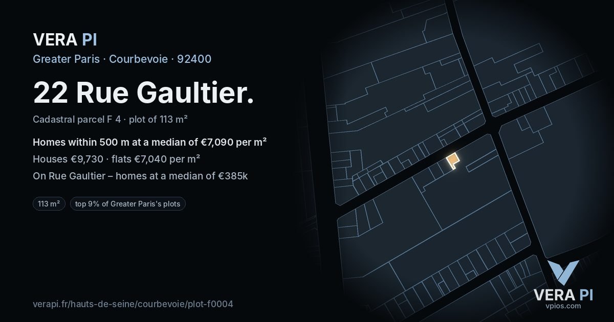 22 Rue Gaultier, Courbevoie at night – the plot lit, the parcels around coloured by the prices near them