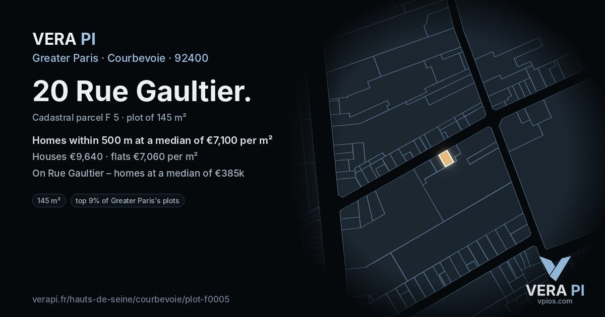 20 Rue Gaultier, Courbevoie at night – the plot lit, the parcels around coloured by the prices near them