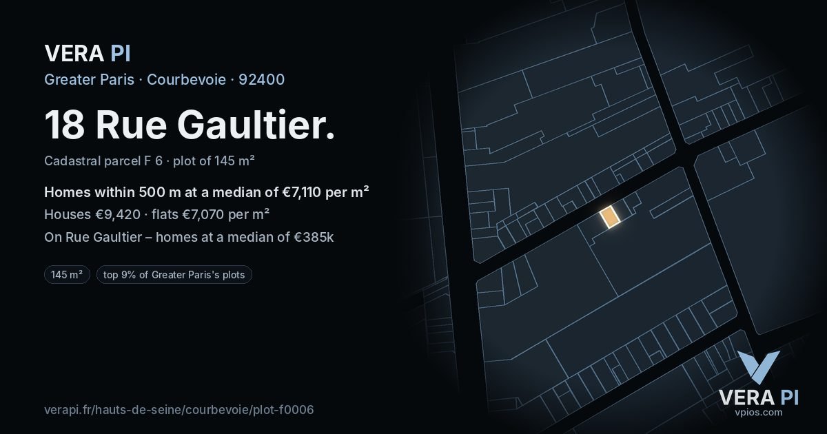 18 Rue Gaultier, Courbevoie at night – the plot lit, the parcels around coloured by the prices near them