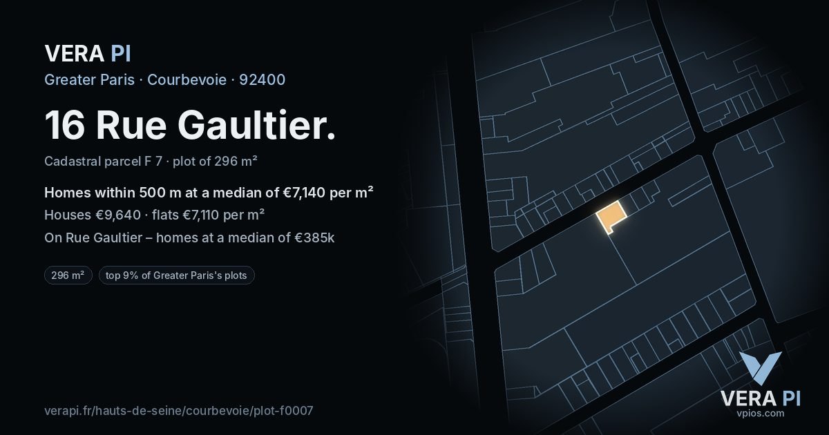 16 Rue Gaultier, Courbevoie at night – the plot lit, the parcels around coloured by the prices near them