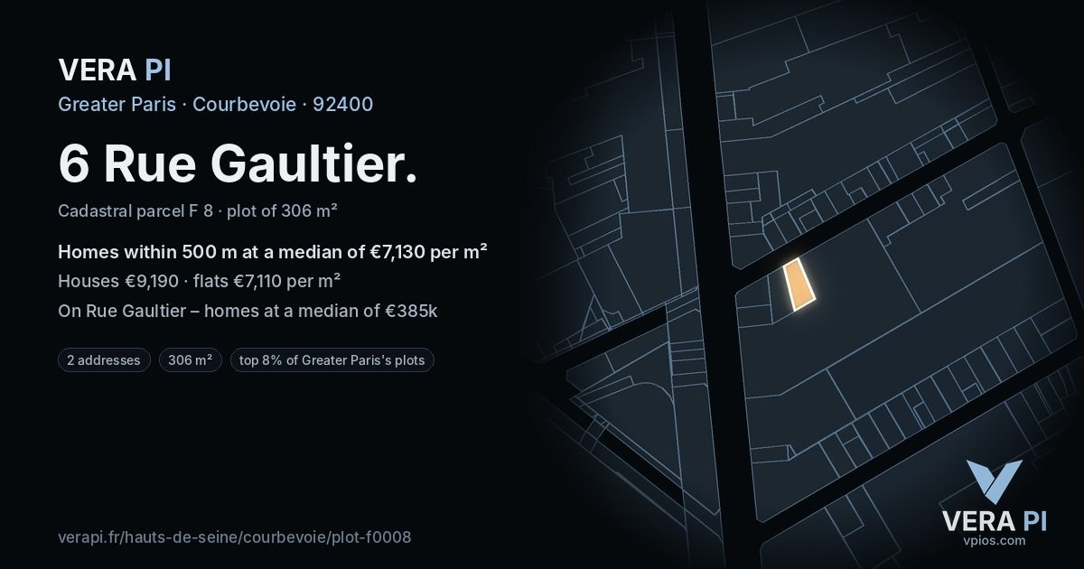 6 Rue Gaultier, Courbevoie at night – the plot lit, the parcels around coloured by the prices near them