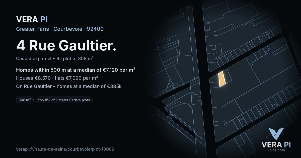 4 Rue Gaultier, Courbevoie at night – the plot lit, the parcels around coloured by the prices near them