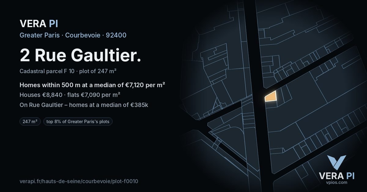 2 Rue Gaultier, Courbevoie at night – the plot lit, the parcels around coloured by the prices near them