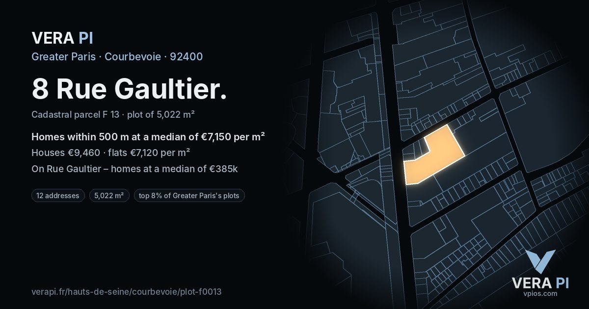 8 Rue Gaultier, Courbevoie at night – the plot lit, the parcels around coloured by the prices near them