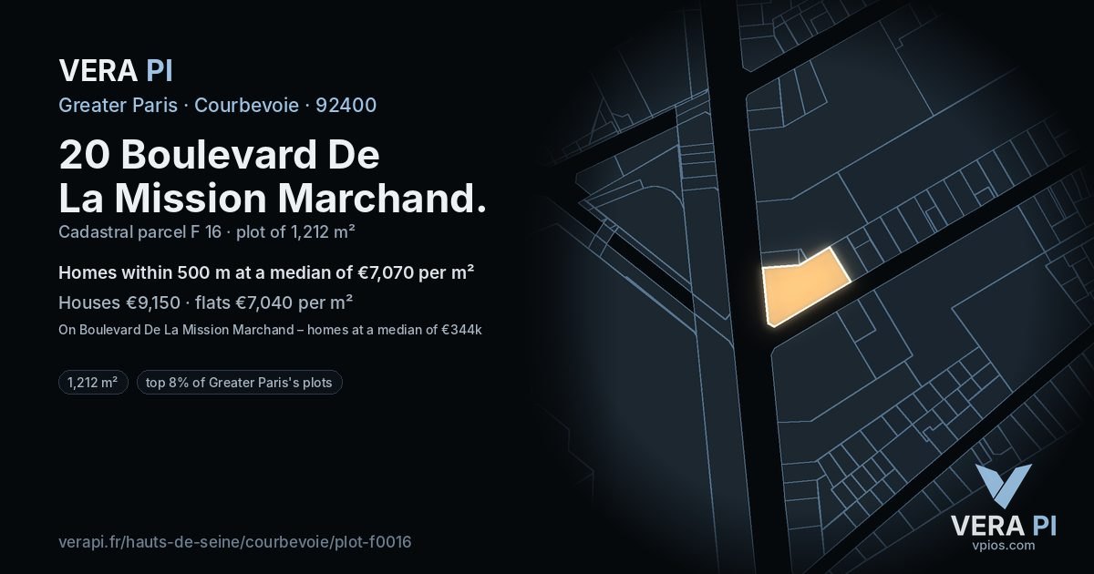 20 Boulevard De La Mission Marchand, Courbevoie at night – the plot lit, the parcels around coloured by the prices near them