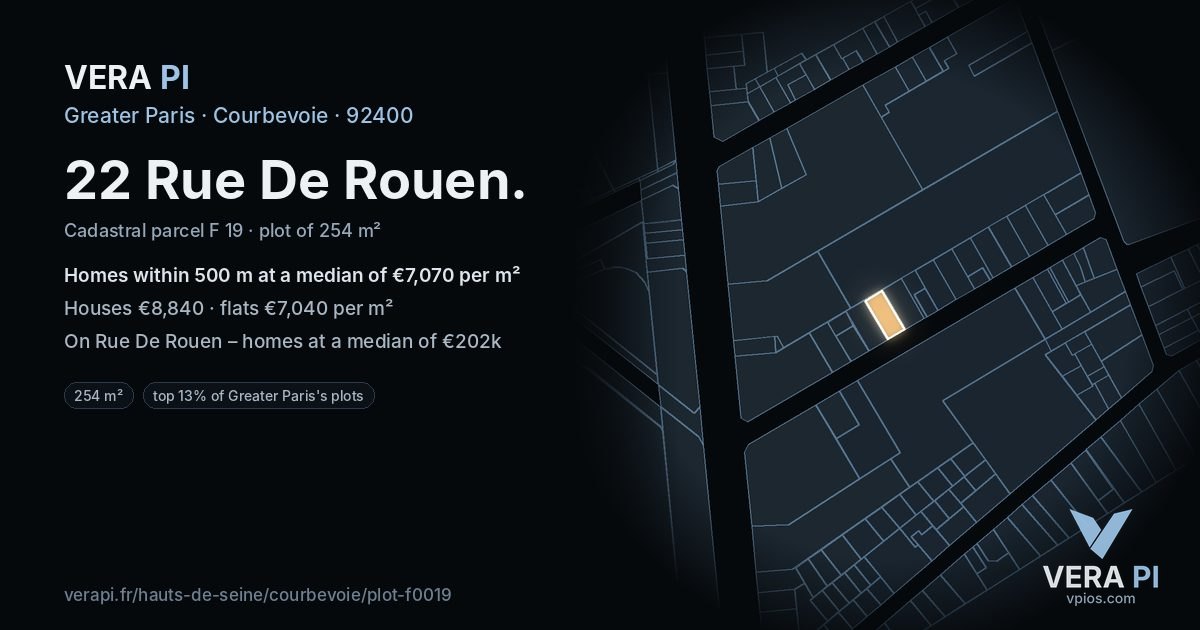 22 Rue De Rouen, Courbevoie at night – the plot lit, the parcels around coloured by the prices near them