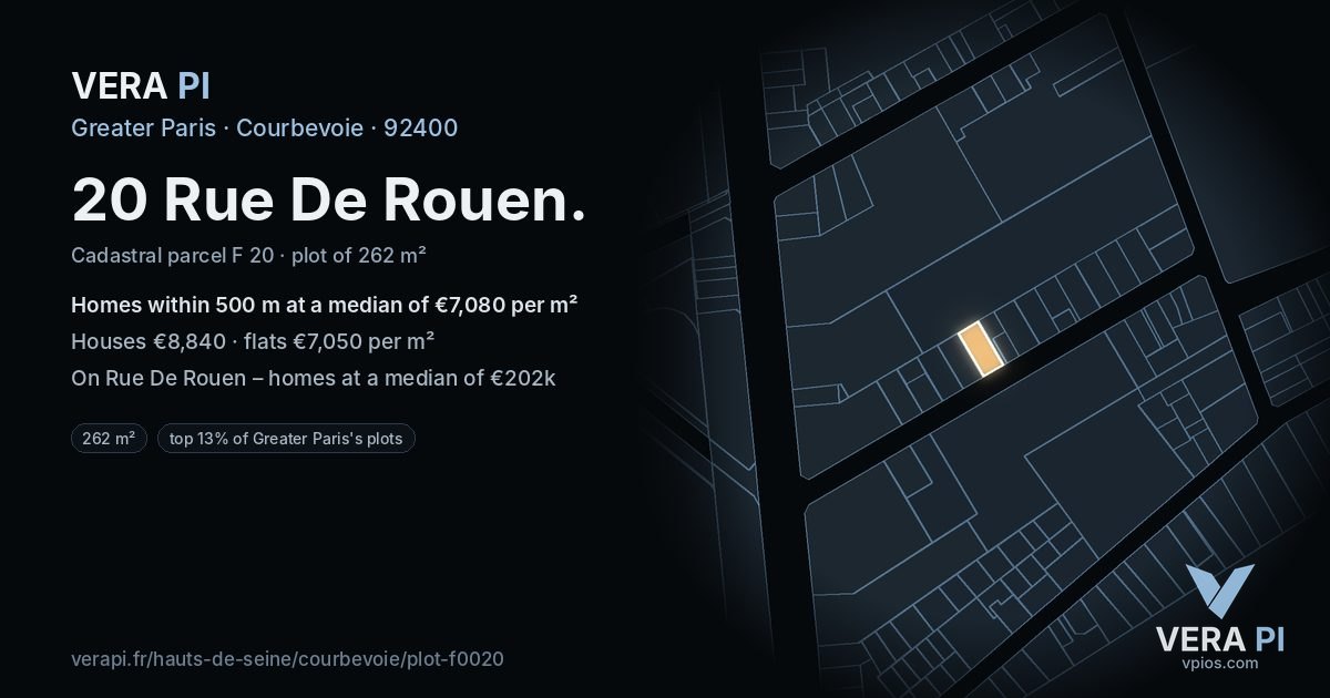 20 Rue De Rouen, Courbevoie at night – the plot lit, the parcels around coloured by the prices near them