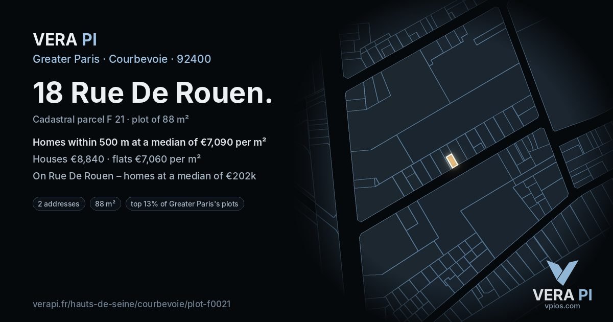 18 Rue De Rouen, Courbevoie at night – the plot lit, the parcels around coloured by the prices near them