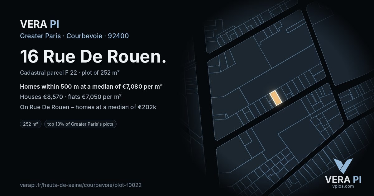 16 Rue De Rouen, Courbevoie at night – the plot lit, the parcels around coloured by the prices near them