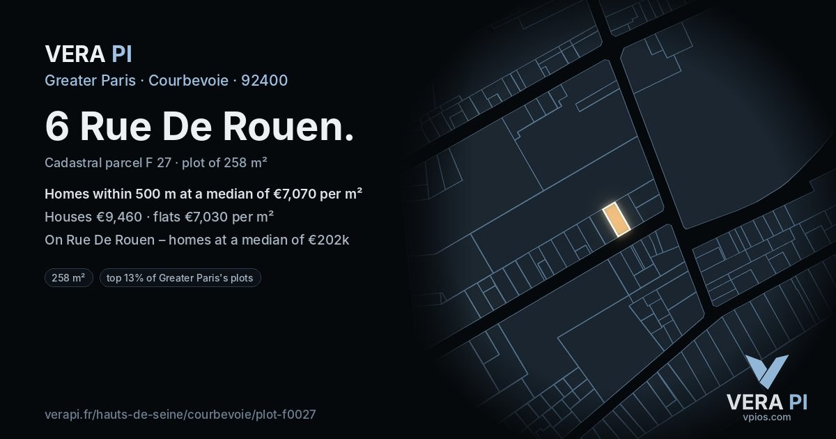 6 Rue De Rouen, Courbevoie at night – the plot lit, the parcels around coloured by the prices near them