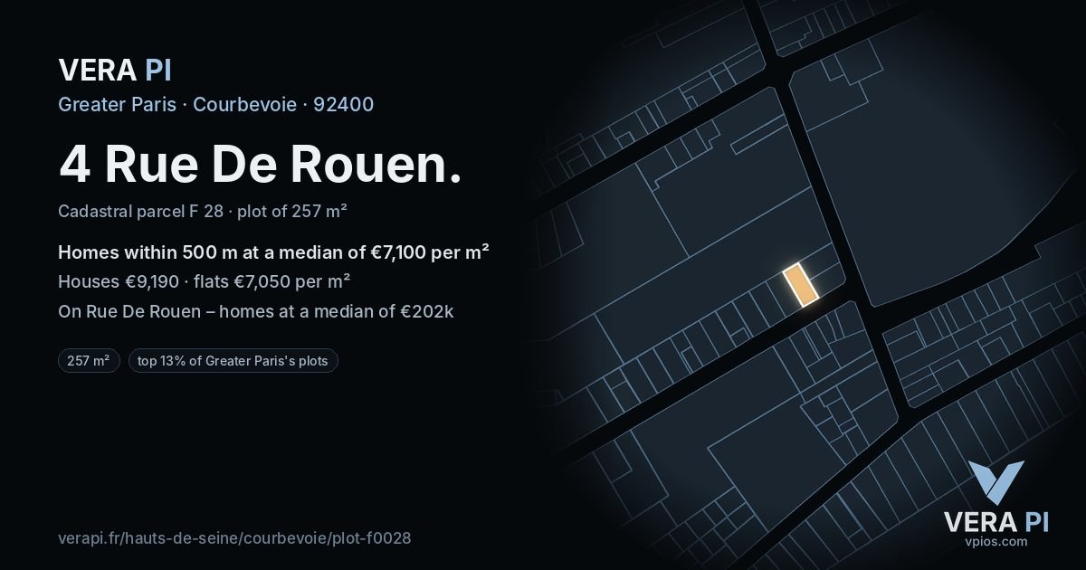 4 Rue De Rouen, Courbevoie at night – the plot lit, the parcels around coloured by the prices near them