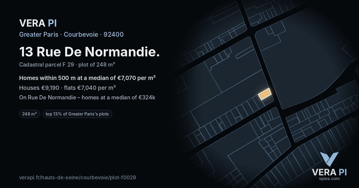 13 Rue De Normandie, Courbevoie at night – the plot lit, the parcels around coloured by the prices near them