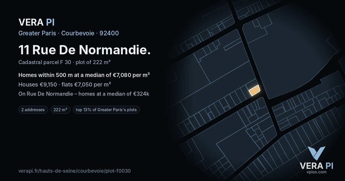11 Rue De Normandie, Courbevoie at night – the plot lit, the parcels around coloured by the prices near them