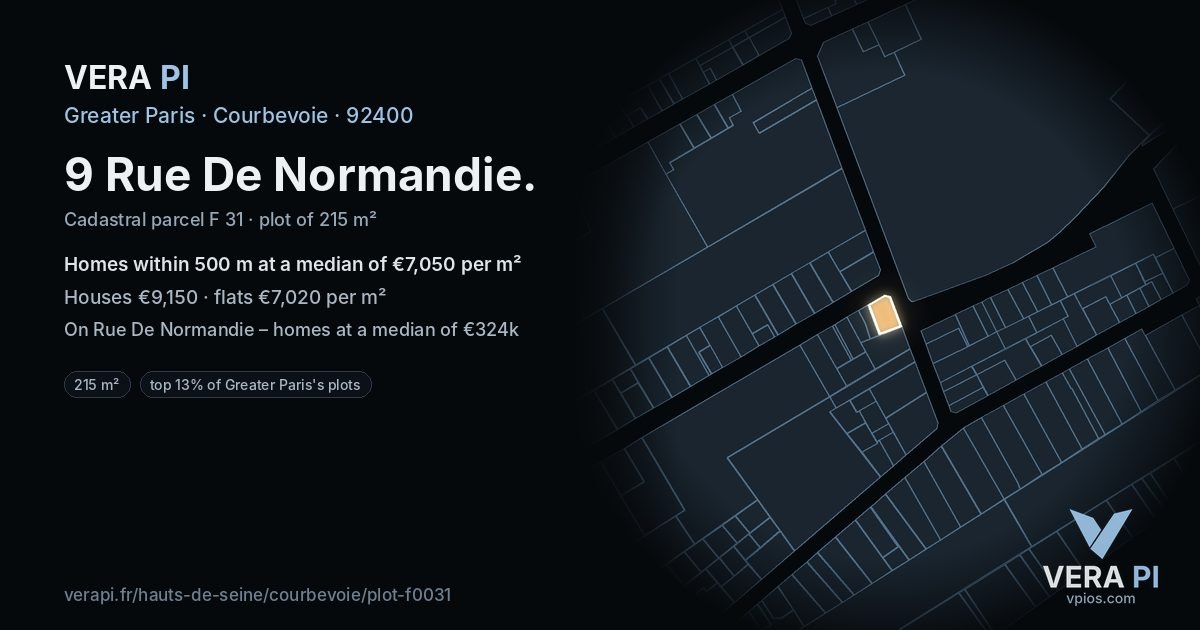 9 Rue De Normandie, Courbevoie at night – the plot lit, the parcels around coloured by the prices near them