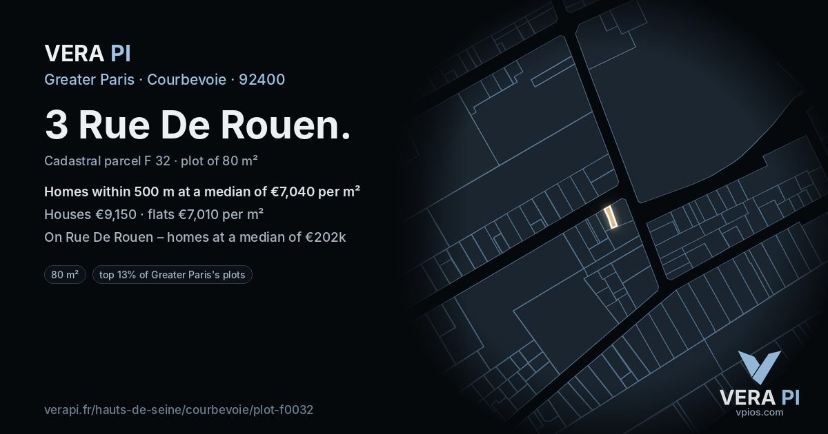 3 Rue De Rouen, Courbevoie at night – the plot lit, the parcels around coloured by the prices near them