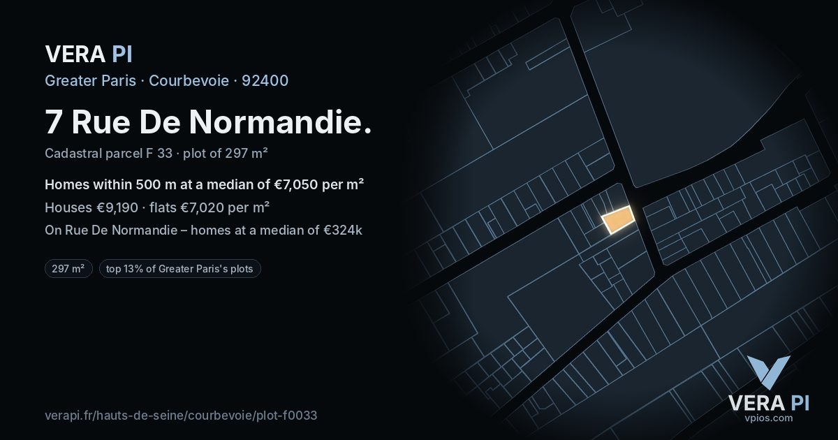 7 Rue De Normandie, Courbevoie at night – the plot lit, the parcels around coloured by the prices near them