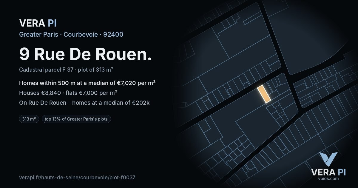 9 Rue De Rouen, Courbevoie at night – the plot lit, the parcels around coloured by the prices near them