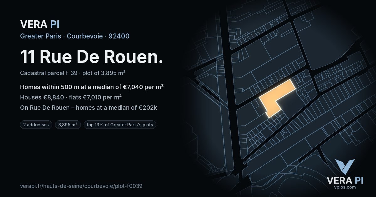 11 Rue De Rouen, Courbevoie at night – the plot lit, the parcels around coloured by the prices near them