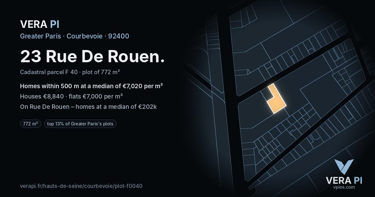 23 Rue De Rouen, Courbevoie at night – the plot lit, the parcels around coloured by the prices near them