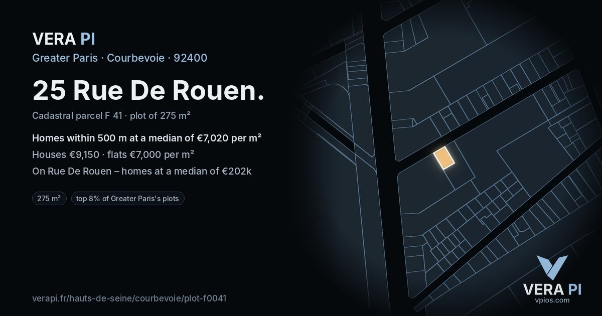 25 Rue De Rouen, Courbevoie at night – the plot lit, the parcels around coloured by the prices near them