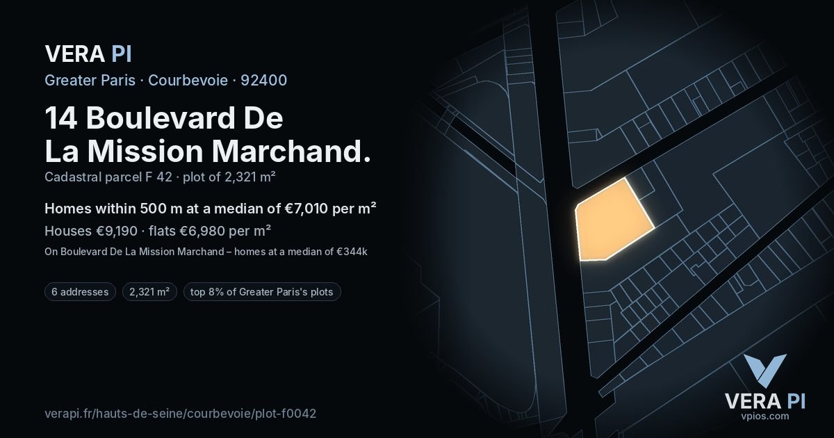 14 Boulevard De La Mission Marchand, Courbevoie at night – the plot lit, the parcels around coloured by the prices near them