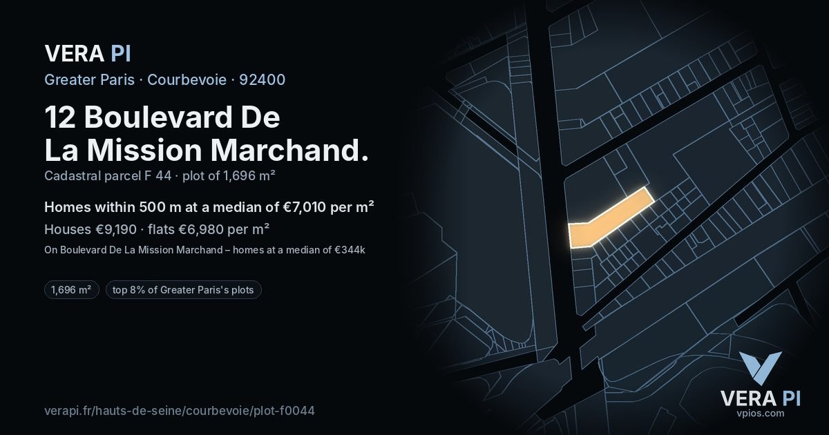 12 Boulevard De La Mission Marchand, Courbevoie at night – the plot lit, the parcels around coloured by the prices near them