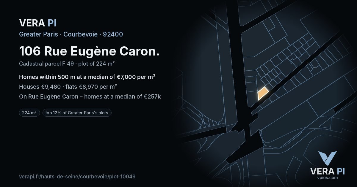 106 Rue Eugène Caron, Courbevoie at night – the plot lit, the parcels around coloured by the prices near them