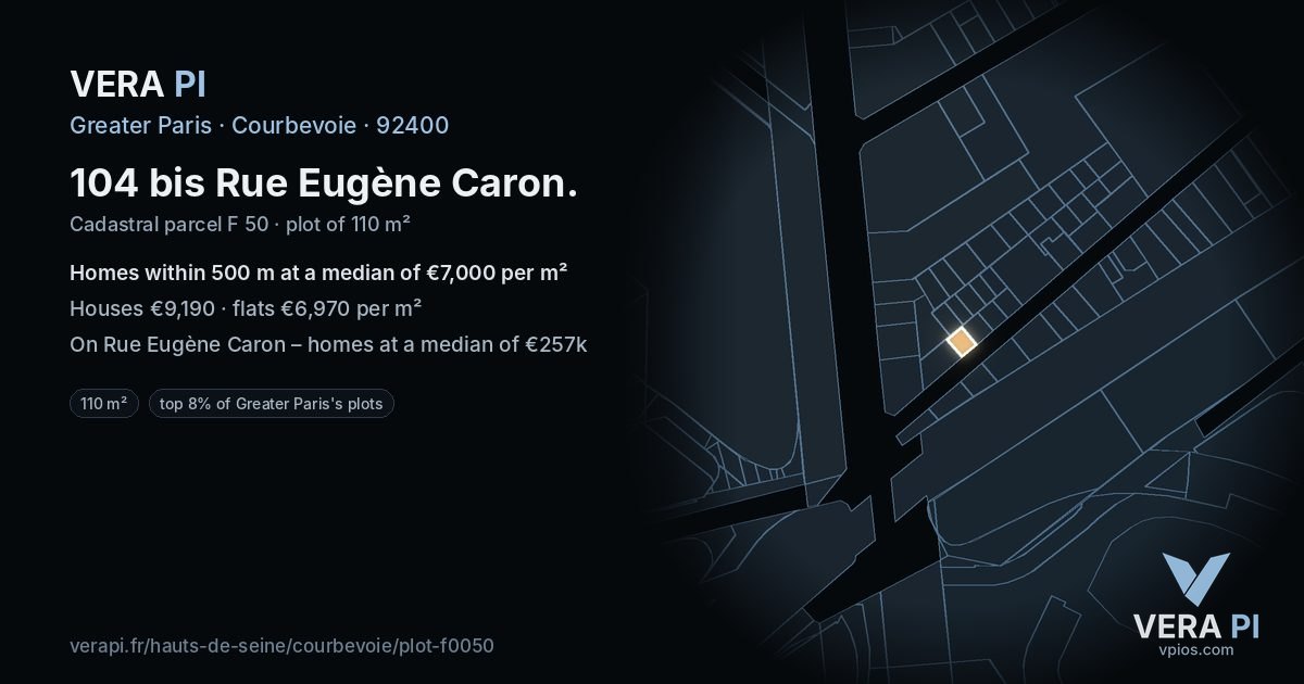 104 bis Rue Eugène Caron, Courbevoie at night – the plot lit, the parcels around coloured by the prices near them