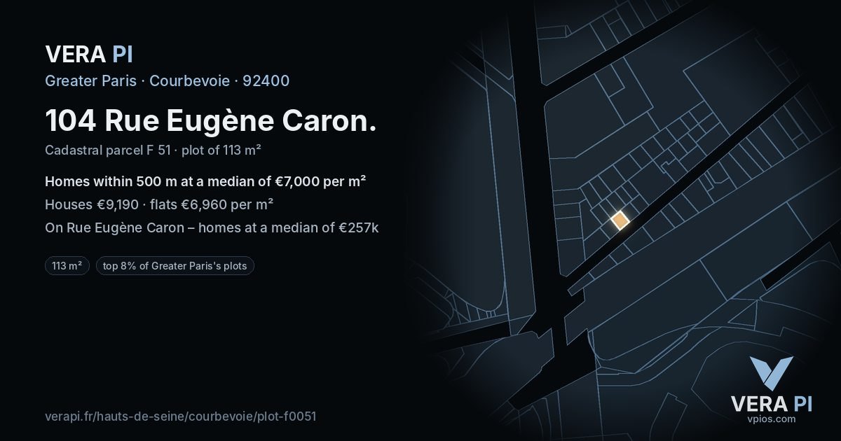 104 Rue Eugène Caron, Courbevoie at night – the plot lit, the parcels around coloured by the prices near them