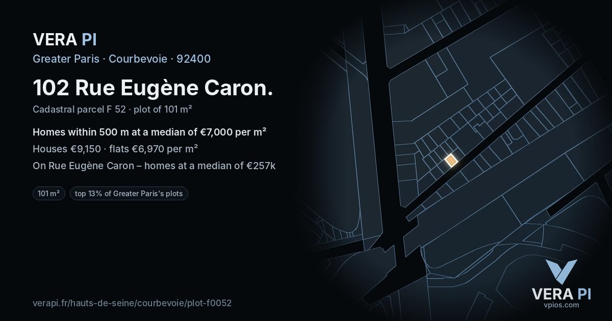 102 Rue Eugène Caron, Courbevoie at night – the plot lit, the parcels around coloured by the prices near them