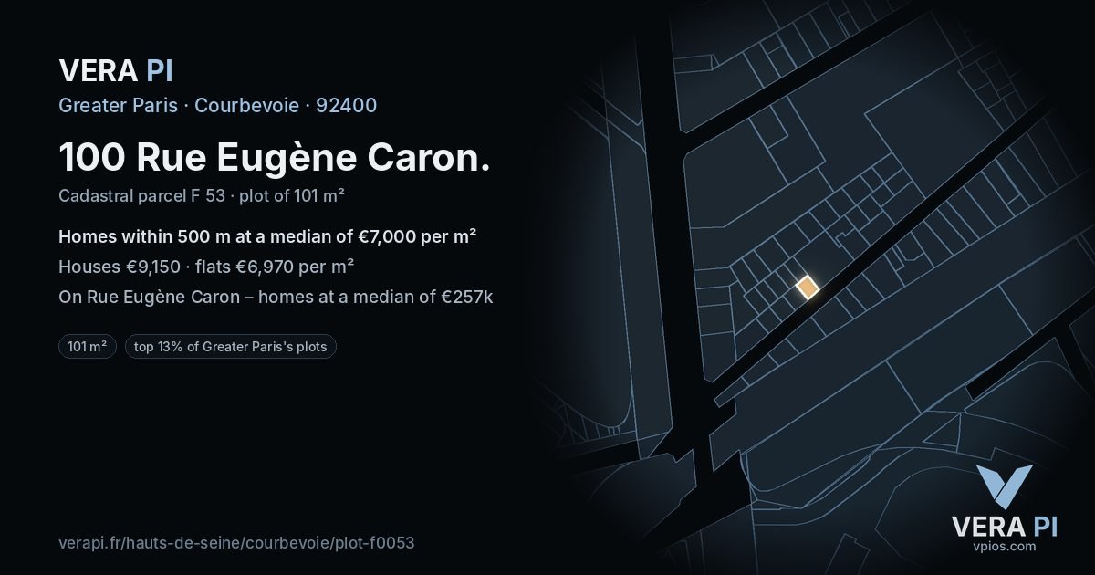 100 Rue Eugène Caron, Courbevoie at night – the plot lit, the parcels around coloured by the prices near them