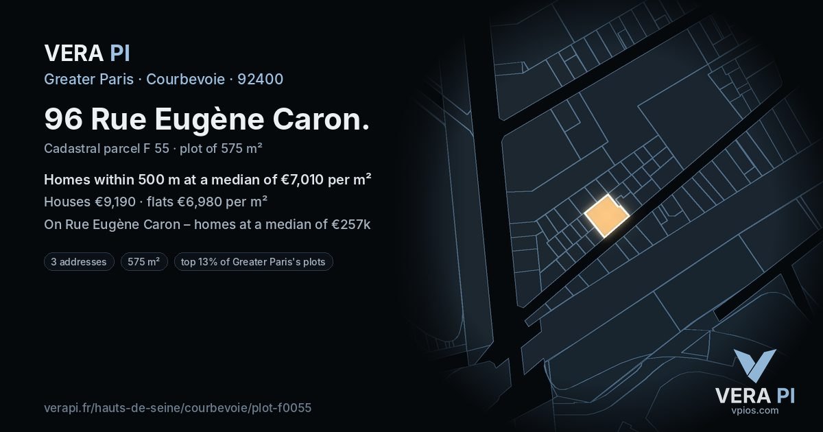 96 Rue Eugène Caron, Courbevoie at night – the plot lit, the parcels around coloured by the prices near them
