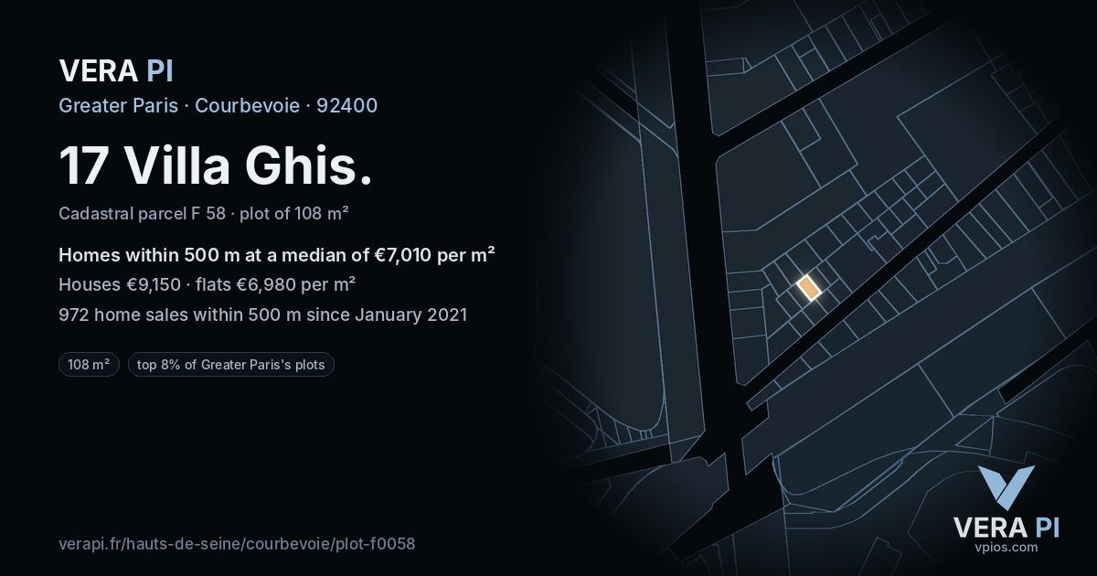 17 Villa Ghis, Courbevoie at night – the plot lit, the parcels around coloured by the prices near them