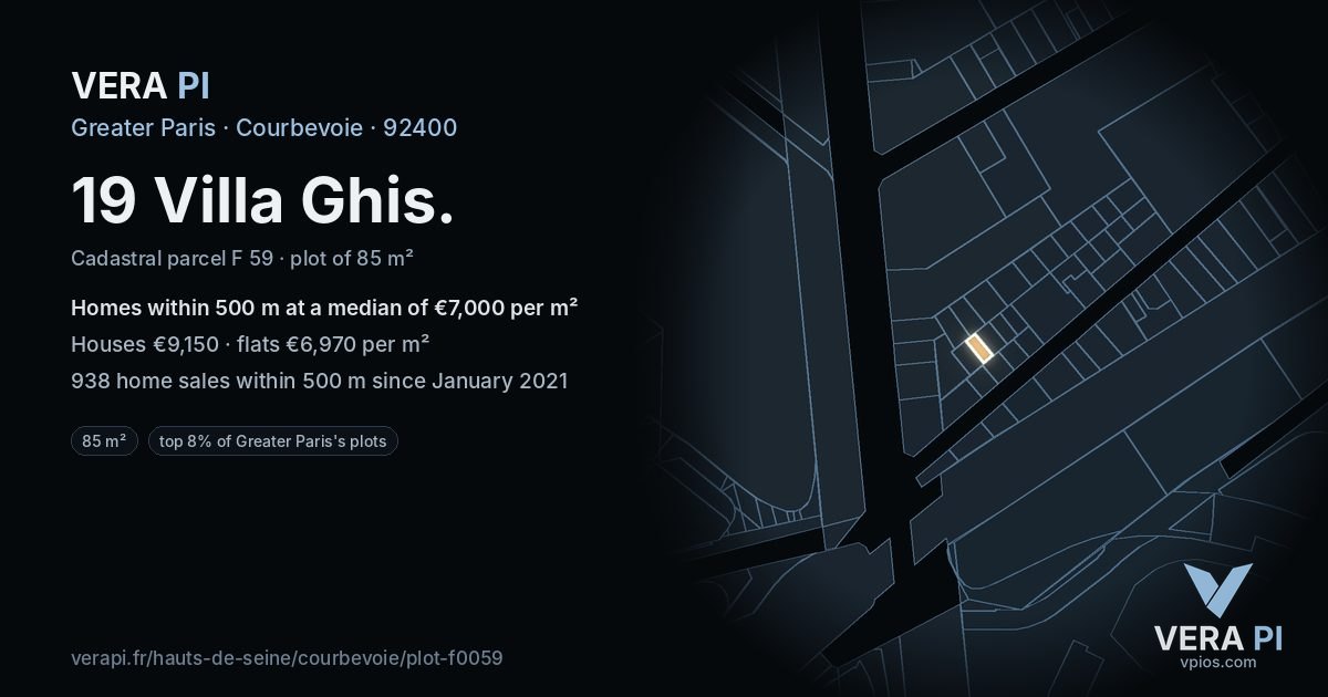 19 Villa Ghis, Courbevoie at night – the plot lit, the parcels around coloured by the prices near them