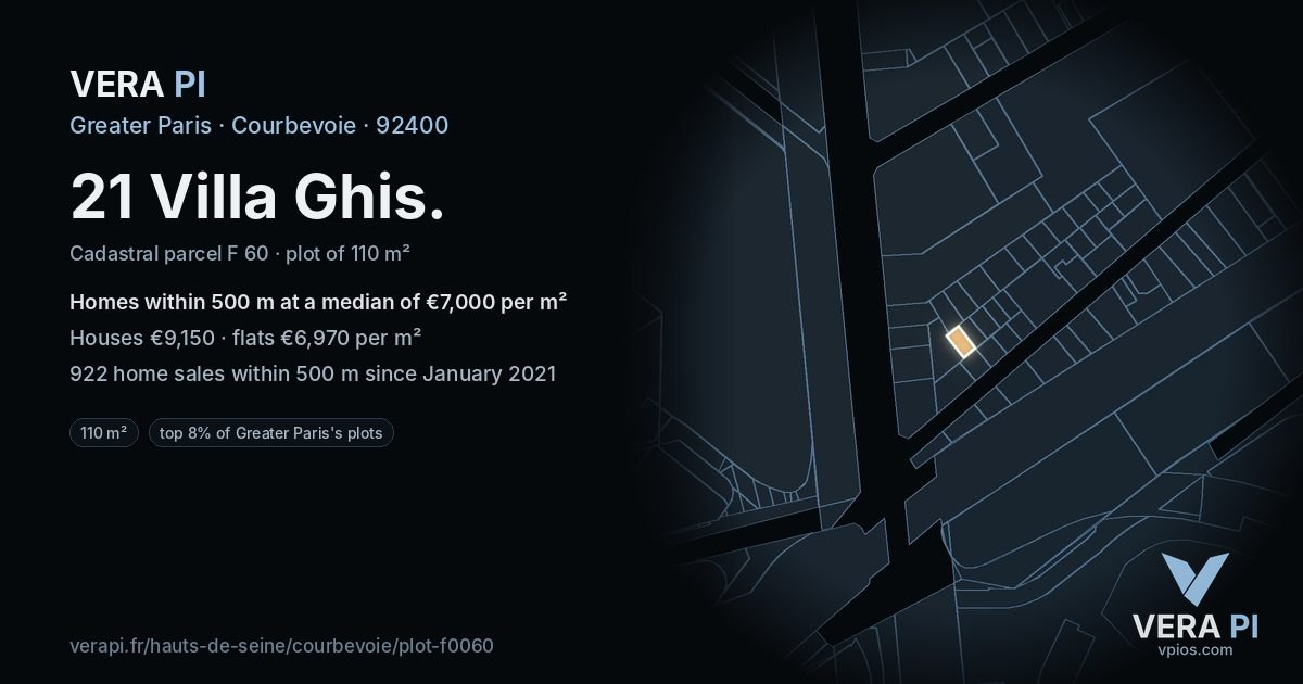 21 Villa Ghis, Courbevoie at night – the plot lit, the parcels around coloured by the prices near them