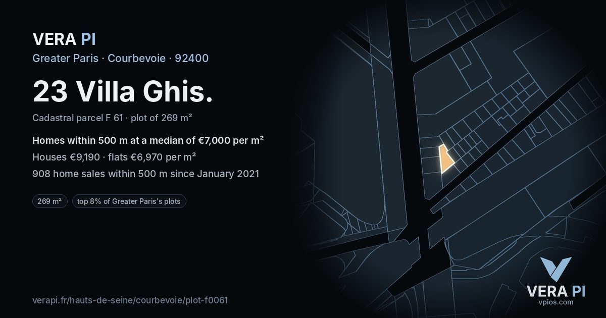 23 Villa Ghis, Courbevoie at night – the plot lit, the parcels around coloured by the prices near them