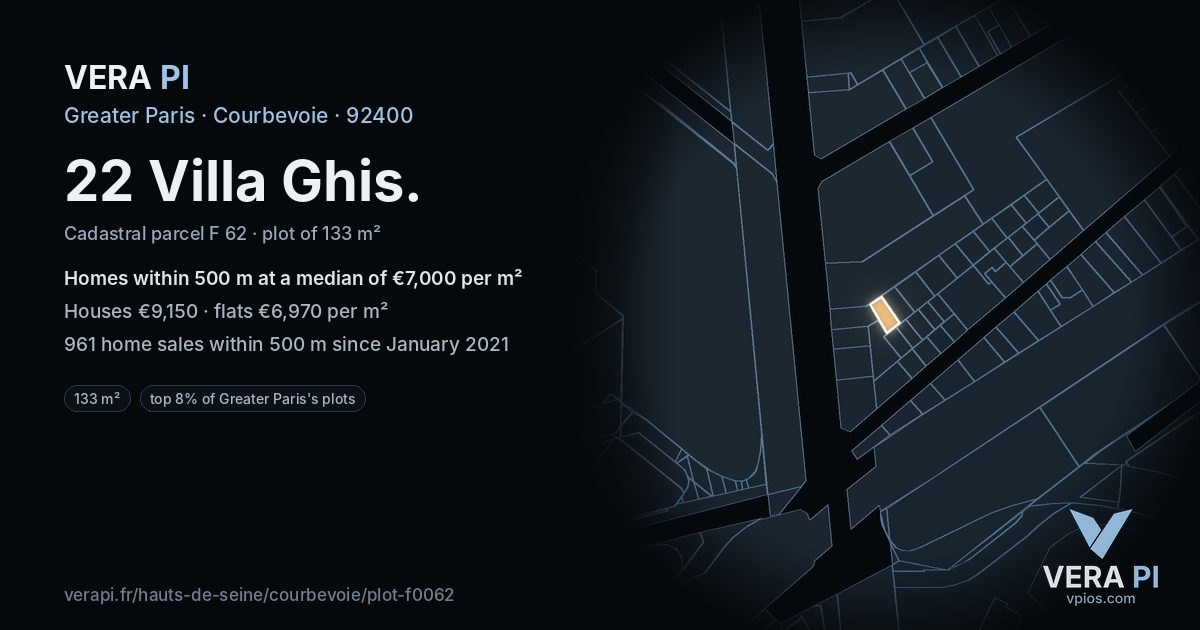 22 Villa Ghis, Courbevoie at night – the plot lit, the parcels around coloured by the prices near them