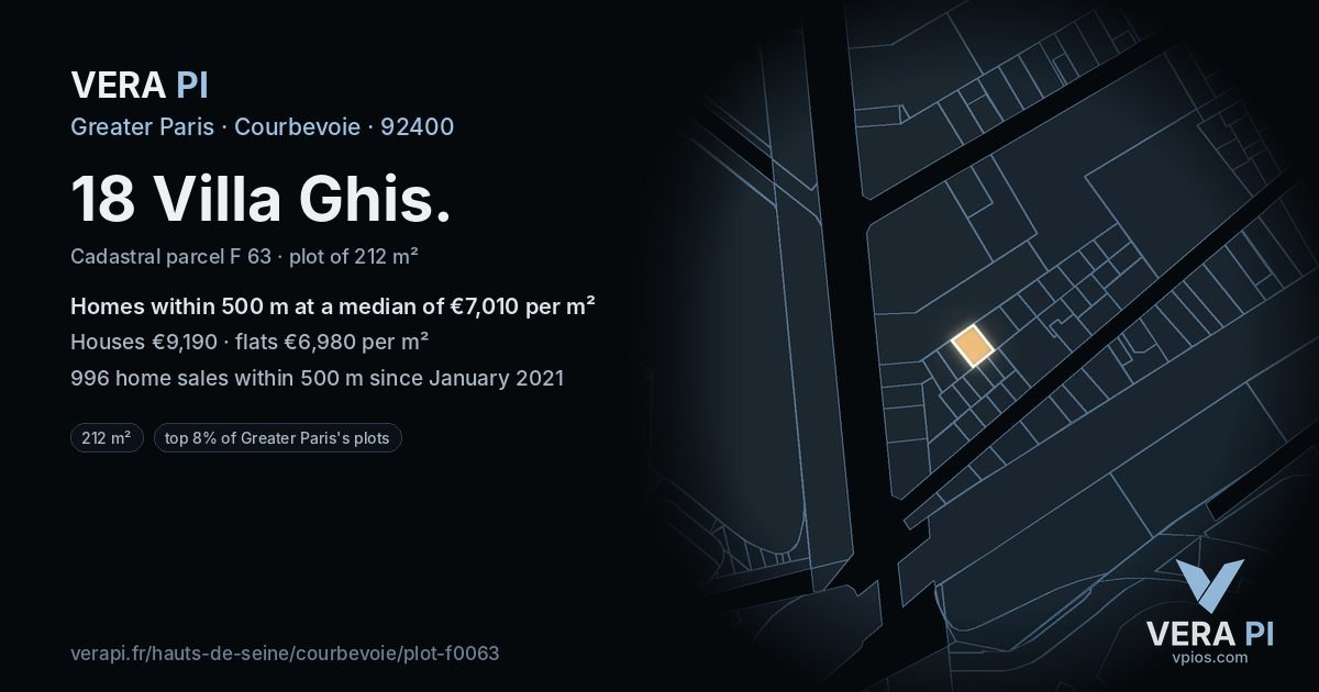 18 Villa Ghis, Courbevoie at night – the plot lit, the parcels around coloured by the prices near them