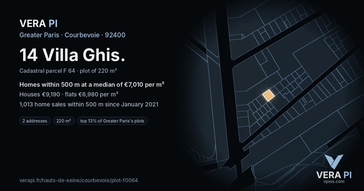 14 Villa Ghis, Courbevoie at night – the plot lit, the parcels around coloured by the prices near them