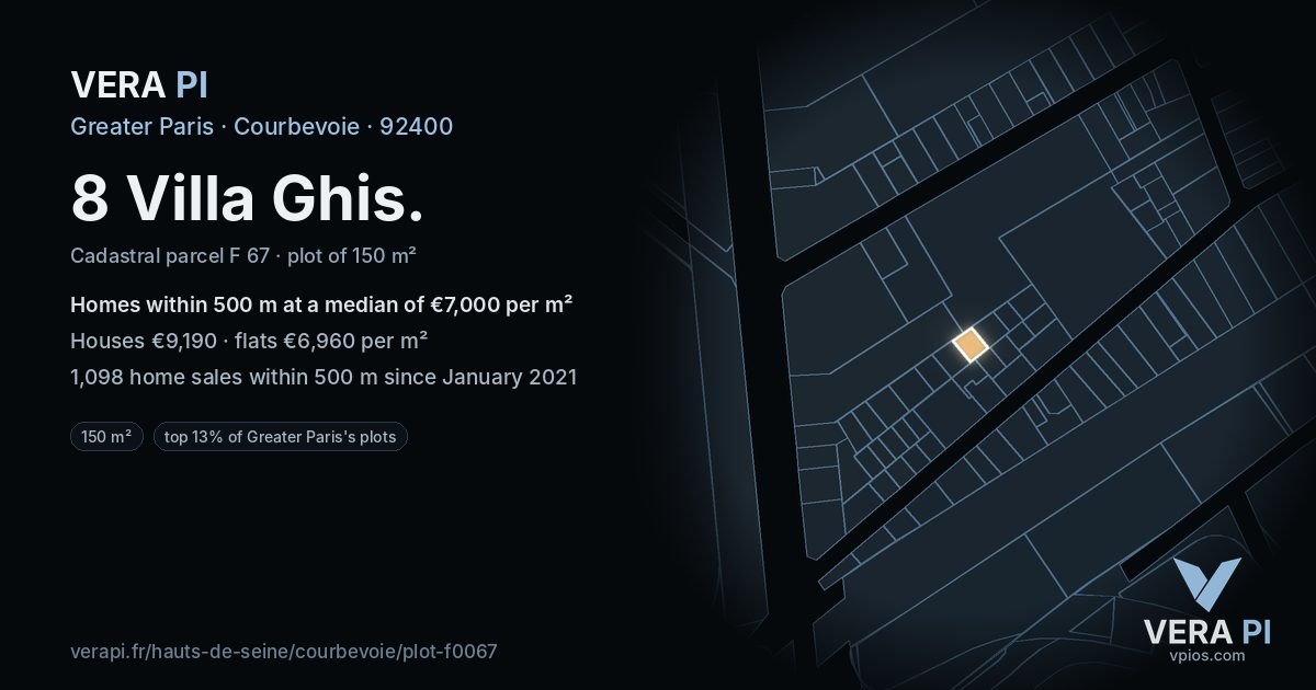 8 Villa Ghis, Courbevoie at night – the plot lit, the parcels around coloured by the prices near them