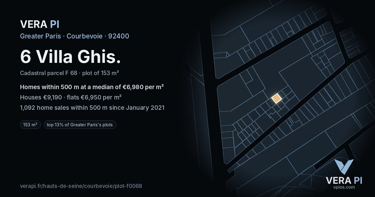 6 Villa Ghis, Courbevoie at night – the plot lit, the parcels around coloured by the prices near them