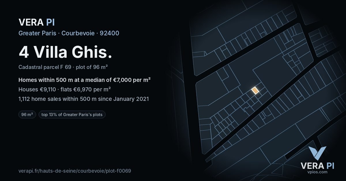 4 Villa Ghis, Courbevoie at night – the plot lit, the parcels around coloured by the prices near them