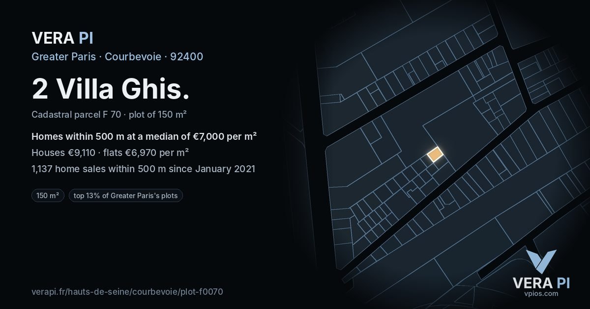 2 Villa Ghis, Courbevoie at night – the plot lit, the parcels around coloured by the prices near them
