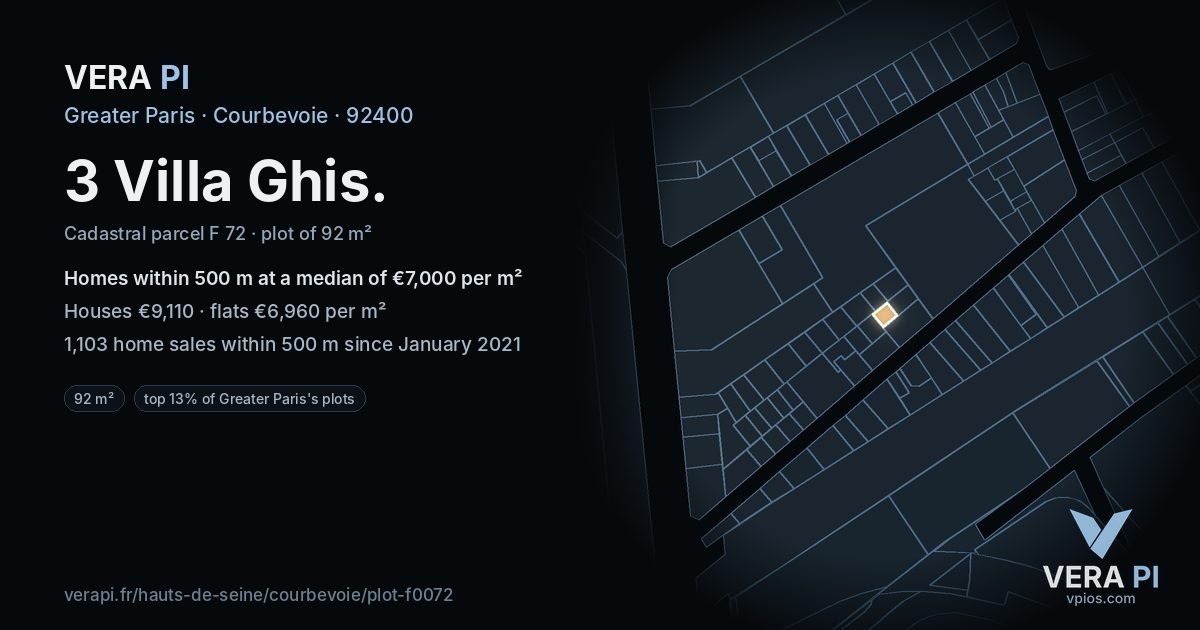 3 Villa Ghis, Courbevoie at night – the plot lit, the parcels around coloured by the prices near them