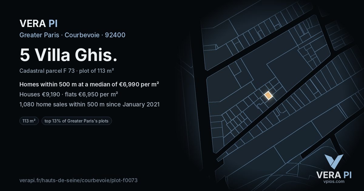 5 Villa Ghis, Courbevoie at night – the plot lit, the parcels around coloured by the prices near them