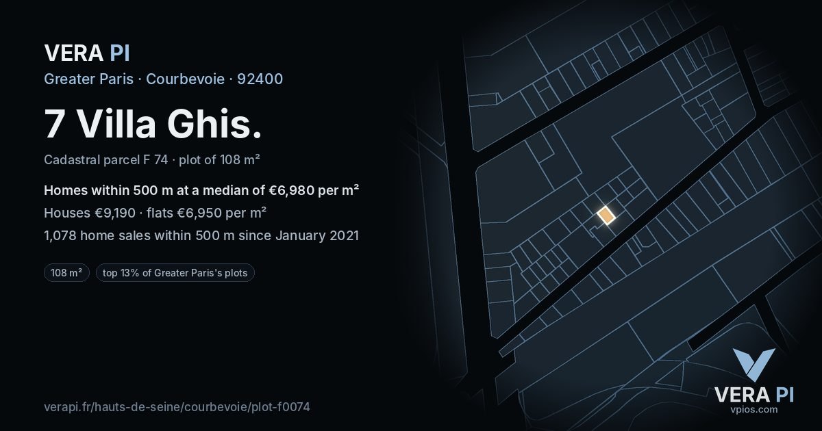 7 Villa Ghis, Courbevoie at night – the plot lit, the parcels around coloured by the prices near them